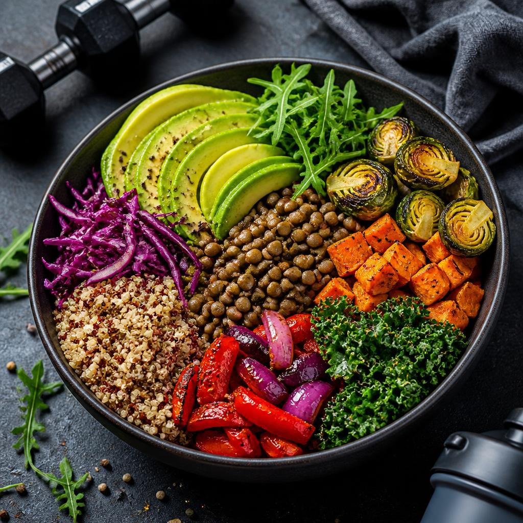 Vibrant plant-based grain bowl with lentils, greens, and vegetables