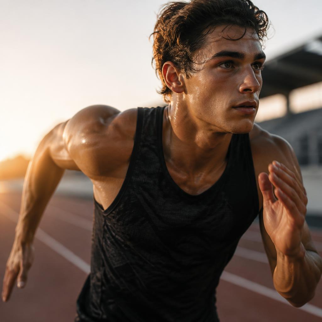 Athlete sprinting on a track at sunrise